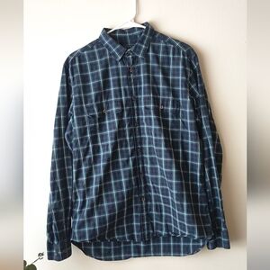 Theory Men's 100% Cotton Plaid Button Up Shirt - Navy/Green - Size Large
